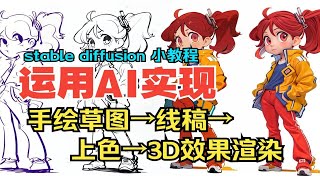 【Stable diffusion案例教程】运用AI实现 草图→清稿→上色→3d效果全流程