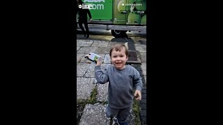 Boy overjoyed to see toy truck in real life