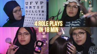 ASMR 4 Roleplays In 18 Minute ( Scalp Check,Eye exam,Doing Your Makeup,Hair Cut Salon )Multiroleplay