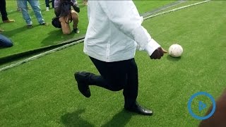 ODM leader Raila Odinga plays football at Uwanja Wa Mbuzi stadium in Mombasa County