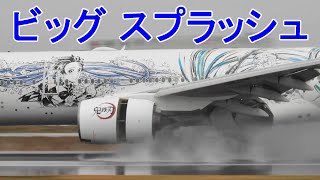 雨の空港　逆噴射　水しぶき　JAL/ANA　A350・B767・B777・B787他　伊丹空港