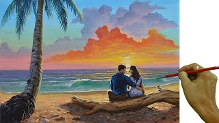 Acrylic Landscape Painting in Time-lapse / Couple in Tropical Sunset Beach / JMLisondra
