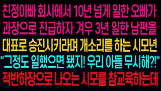 사연열차친오빠가 과장으로 진급하자 겨우 3년 일한 남편을 아빠회사 대표로 승진시키라는 시모'그정도 일했으면 됐지! 우리 아들 무시해 !'적반하장 시모를 참교육하는데  #실