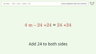 Linear equation with one unknown: Solve -8(3-2m)=4(3m+6) step-by-step solution