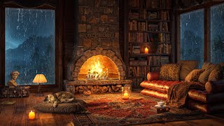 Fireside Reading Bliss 🔥🌧️ Rainy Evening Escape with Soft Jazz Harmony, Rain \u0026 Fire Sounds 4K