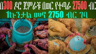 በ300 እንቁላል ጣይ ዶሮ ጀምራቹ በወር የተጣራ 27,500 ብር የተጣራ ትርፍ የአንድ እንቁላል ዋጋ 7 ብር እና የዶሮ መኖ 2750 ብር ገባ