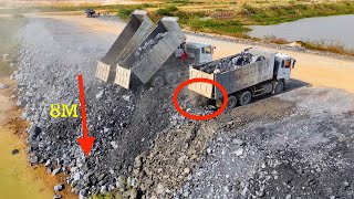 Full Video!Road  project! Pour rocks into a large lake using a 25 Ton trucks \u0026Wheel loader