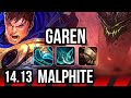 GAREN vs MALPHITE (TOP) | 6 solo kills, Rank 9 Garen | TR Grandmaster | 14.13