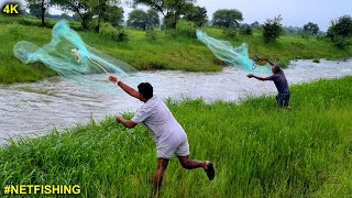 Enjoying net fishing in the local natural brook during the rainy season || fishing video