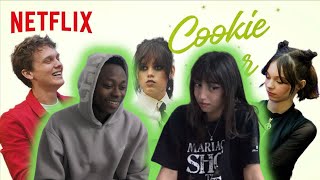 Jenna Ortega, Emma Myers, and Hunter Doohan Answer To a Nosy Cookie Jar | Wednesday | Netflix |REACT