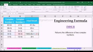 IMSUB Engineering Function with Examples in MS Office Excel Spreadsheet 2016