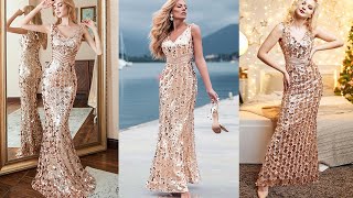 Ever-Pretty Maxi Long V Neck Mermaid Sequin Prom Dresses for Women