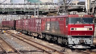 【コンテナ満載！】JR貨物EH500形80号機＋コキ20B（両）が大宮駅4番線を低速通過するシーン（3078レ・仙貨A146・コンテナ輸送） 2025.2.7