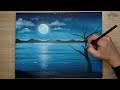 Big Red Firefly Tree  Full Moon Landscape  Acrylic Painting for Beginners