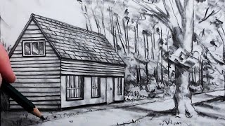 How to Draw a House using One-Point Perspective in a Landscape: Pencil Drawing