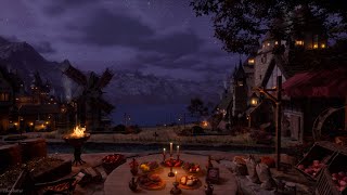 Fantasy Medieval Village Ambience In An Autumn Night | Crackling Fire, Crickets, Owls, Water Sounds