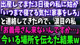 【スカッと】出産してまだ3日後の私に姑が「いつまで寝てる気だ！さっさと家事をしろ」と連絡してきたので、私「お義母さん来ないんですか…」今いる場所を伝えてあげたら