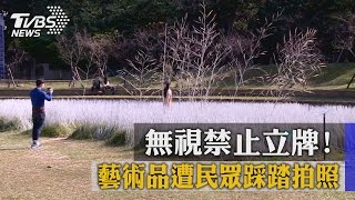 無視禁止立牌！ 藝術品遭民眾踩踏拍照