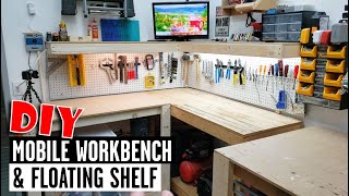 DIY Mobile Workbench with Floating Shelves - Garage Makeover