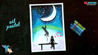 Romantic Couple in moonlight scenery drawing with oil pastels - oil pastel drawing