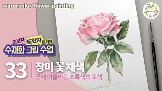 수채화 핑크장미 채색편 _ 독학자를 위한 수채화 그림 수업 33강 ㅣ꽃에 어울리는 초록색 조색하기 watercolor flower painting rose 물고기아트 아뜰리에