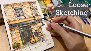 [Real-time] How to sketch a corner restaurant with ink and watercolor