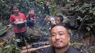Village Kids gang  adventure cooking pork and xone  and eating in the Jungle .