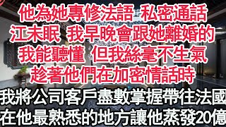 他為她專修法語 私密通話，江未眠 我早晚會跟她離婚的，我能聽懂 但我絲毫不生氣，趁著他們在加密情話時，我將公司客戶盡數掌握帶往法國，在他最熟悉的地方讓他蒸發20億【顧亞男】【高光女主】【爽文】【情感】