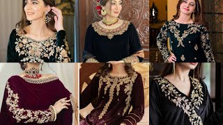 New trendy Zardosi work velvet dresses/stylish beautiful velvet embroidered neckline design ❤️/2023