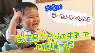 【1歳7ヶ月】お風呂上がりの牛乳でご機嫌なうーたん♪