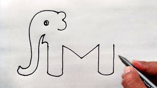 Elephant Drawing | How to draw elephant from letter M | Elephant drawing tutorial