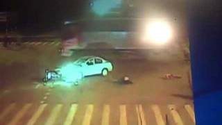 SCARY CLOSE UP VIEW OF MOTORCYCLE CRASH INTERSECTION MADNESS CAR CRASHED PEOPLE FLYING!