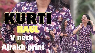 Ajrakh Print | V-Neck Kurti | Cotton Kurti Haul | 7014430799 | Jai Shree Shyam