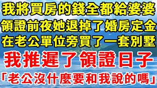 領證前夜婆婆退掉了婚房定金，在老公單位邊上買了一套大平層，將我買房的錢全都交給她，我推遲了領證日子「老公沒什麼要和我說的嗎」 #故事 #情感故事 #婆媳關係 #小說聽書