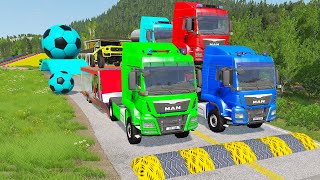 Double Flatbed Trailer Truck vs Speedbumps Train vs Cars | Tractor vs Train Beamng.Drive 063