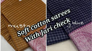 soft cotton sarees with jari checks #Shivanisboutique #sarees #dressmaterials #Kurtis #cotton #jwell