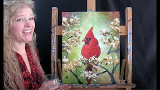 Cardinal In Bloom | Paint and Sip at Home | Step by Step Acrylic Paint Tutorial