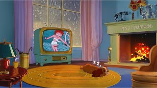 1950's rainy Sunday morning, watching vintage cartoons w/ oldies music playing in another room