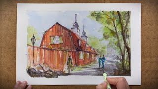 How to Draw a Red Cottage House with Ink & Watercolor | Architecture Urban Sketching