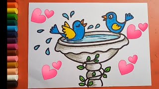 Cute Birds bathing in the fountain step by step drawing