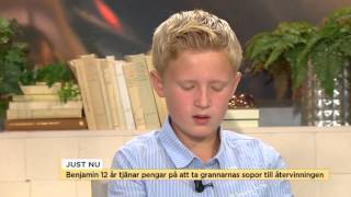 Benjamin, 12 år, tjänar pengar på att ta grannarnas sopor till återvinningen - Nyhetsmorgon (TV4)