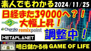 【明日のテンバガー株・高配当株】日経39000接近！フルッタフルッタ！大幅上昇！リミックスポイント！メタプラネット！Chordia Therapeutics！調整！【元TMNTGAMER】