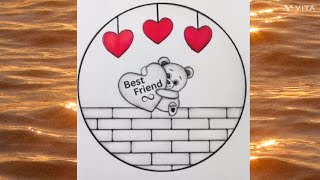 Beautiful Scenery drawing - Best Friend drawing with Teddy /Teddy Bear drawing easy /BFF drawing#art