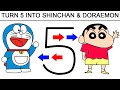 Turn number 5 into Shinchan and Doraemon cartoon drawing easy step by step - easy cartoon drawing