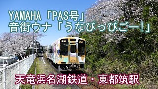 天竜浜名湖鉄道・東都筑駅 桜とフルラッピング列車