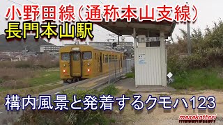 小野田線（通称本山支線）長門本山駅の構内風景と発着するクモハ123（2021.3.20撮影）