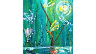 Dragonfly Pond Easy Beginner Acrylic Painting tutorial | TheArtSherpa