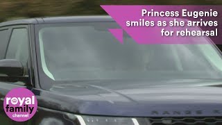 Princess Eugenie grins as she arrives for her wedding rehearsal