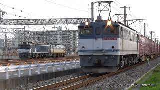 JR貨物　広島更新色EF64 1046号機の横を通過する84ﾚ貨物列車（H30.4.1)