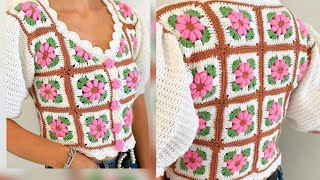 Hermoso cuadrado para jersey tejido en crochet, Míralo delicado que es tejer este bello motivo